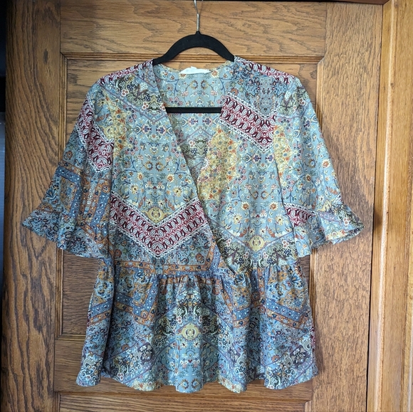 BCBGeneration Floral Abstract Corset V-Neck Peplum Flowy Blouse Women's Medium - Picture 2 of 9